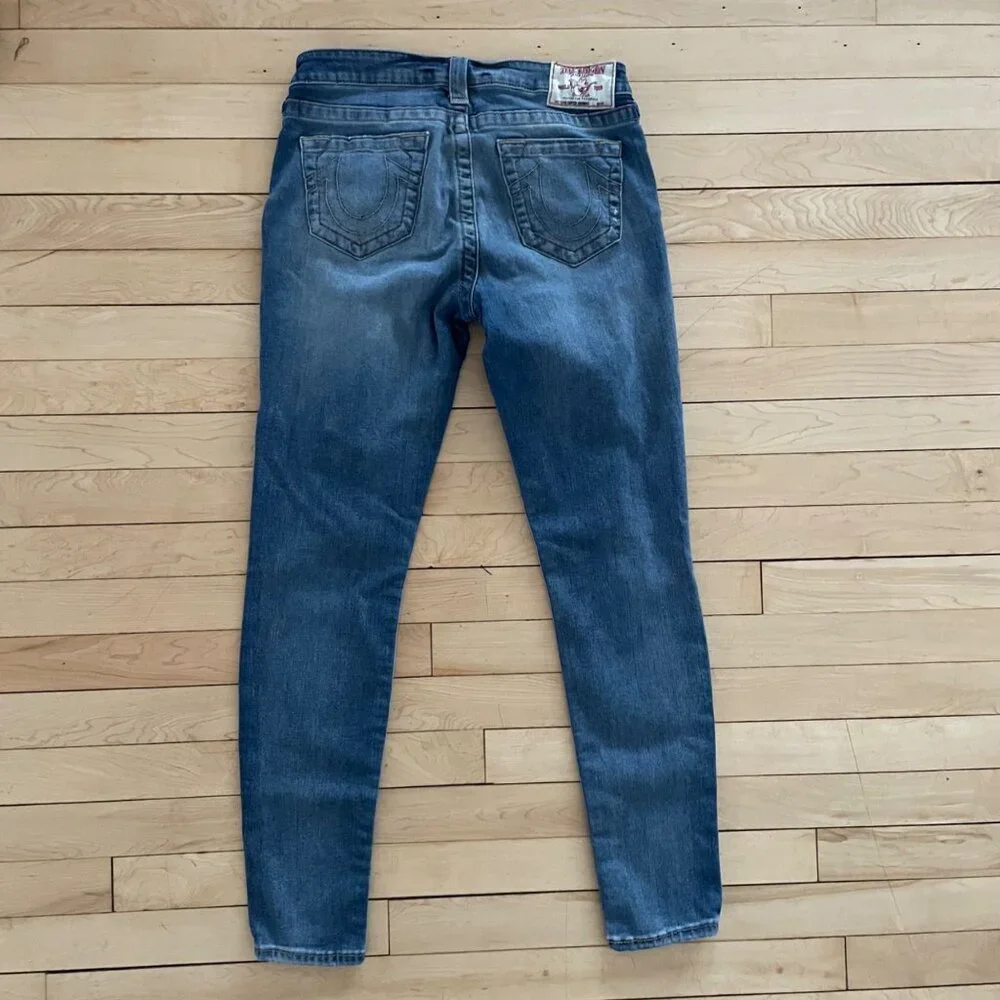 Y2K True Religion Low Rise Skinny Jeans Blue Distressed Size 28 Indie Sleaze